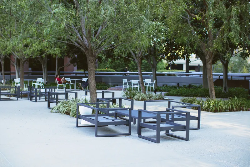 Outdoor seating under the trees at Warner Center