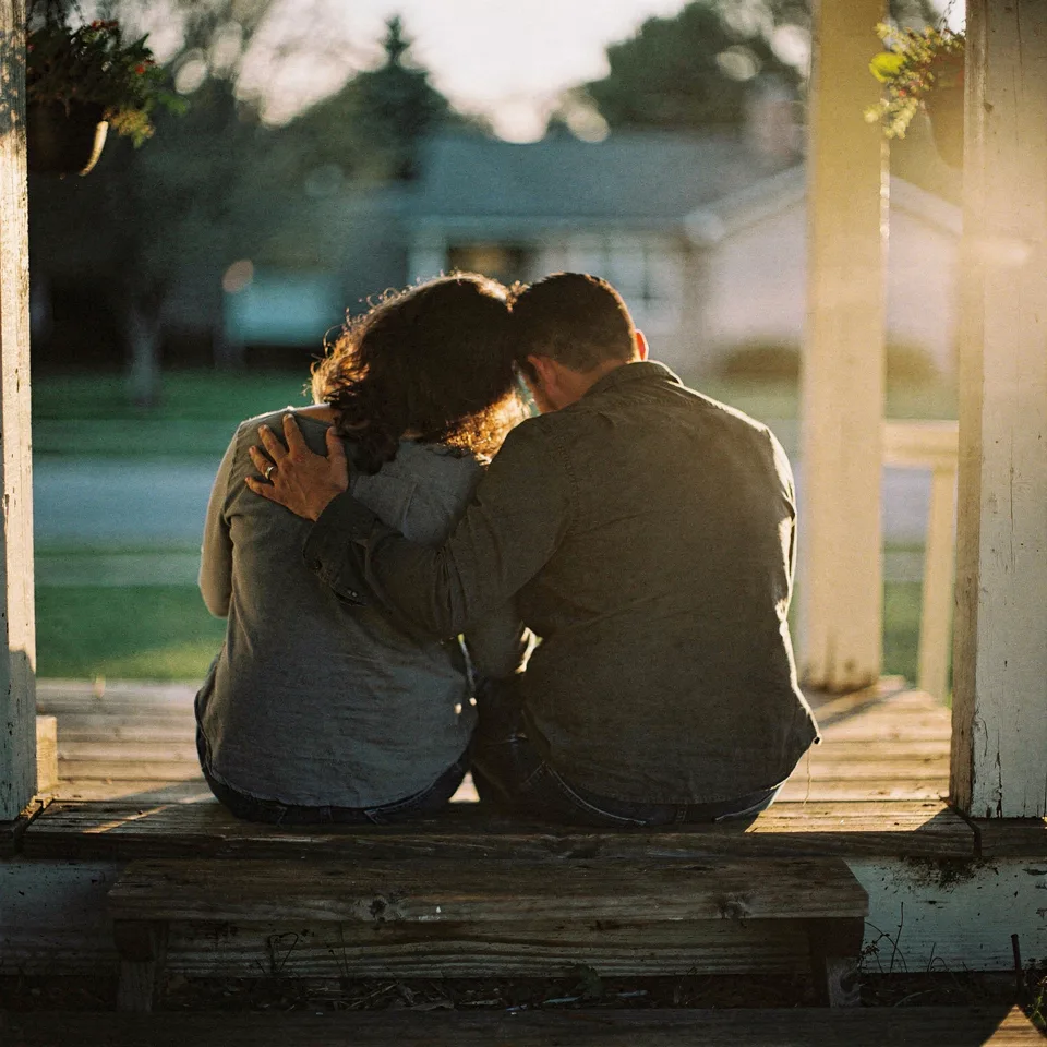 Two people sitting on porch steps at golden hour, one with an arm around the other