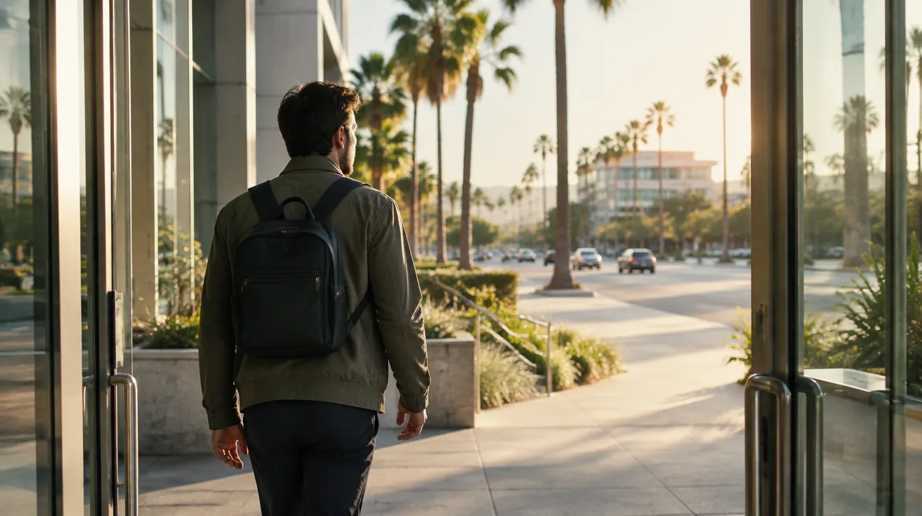 A man walking out of an office building into afternoon light, a picture of getting back to work and life during an outpatient program in Woodland Hills