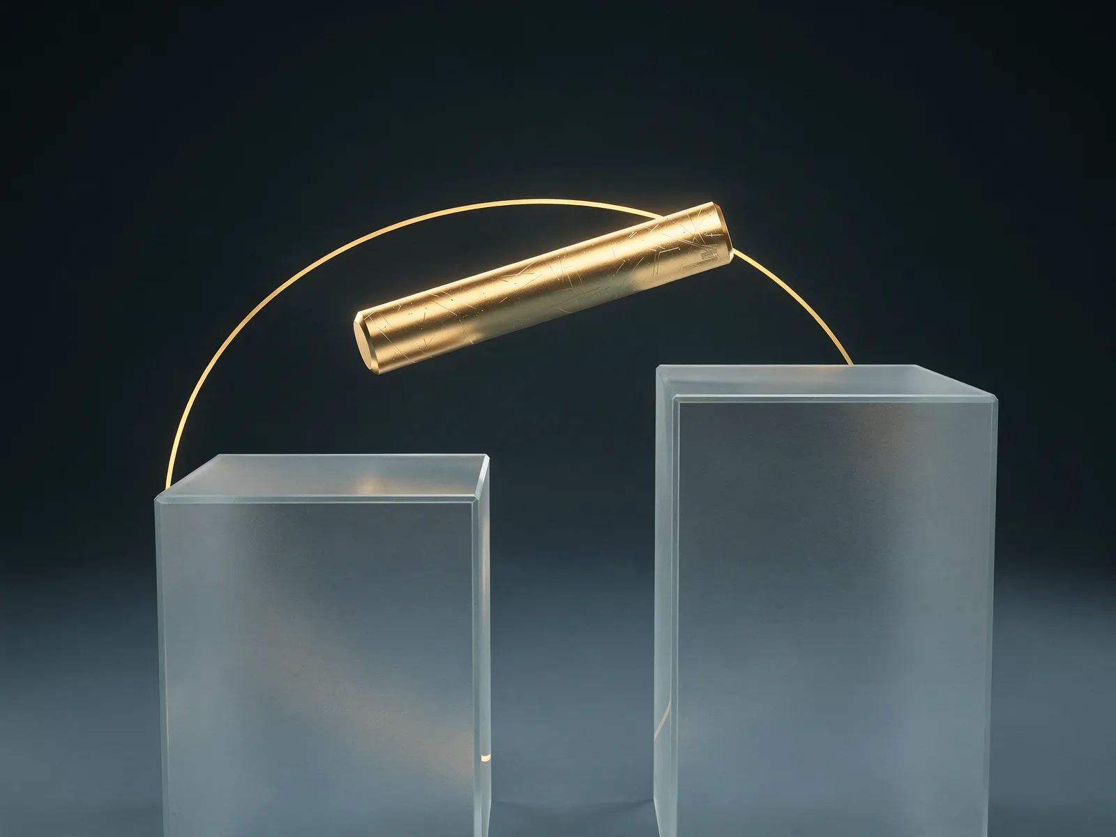 A gold baton suspended mid-handoff between two glass plinths: a step-down referral with no gap in care