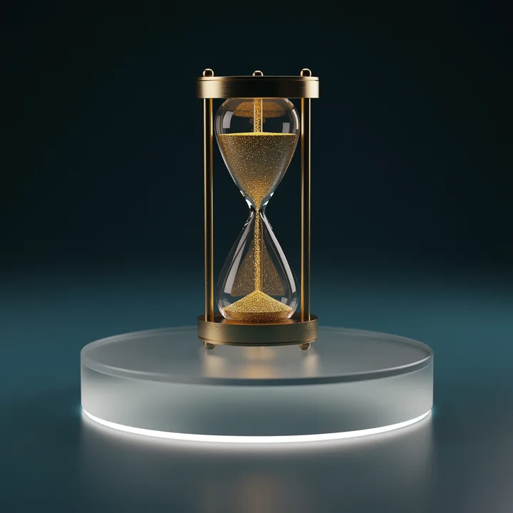 A gold hourglass on a glass plinth: the 20-minute break