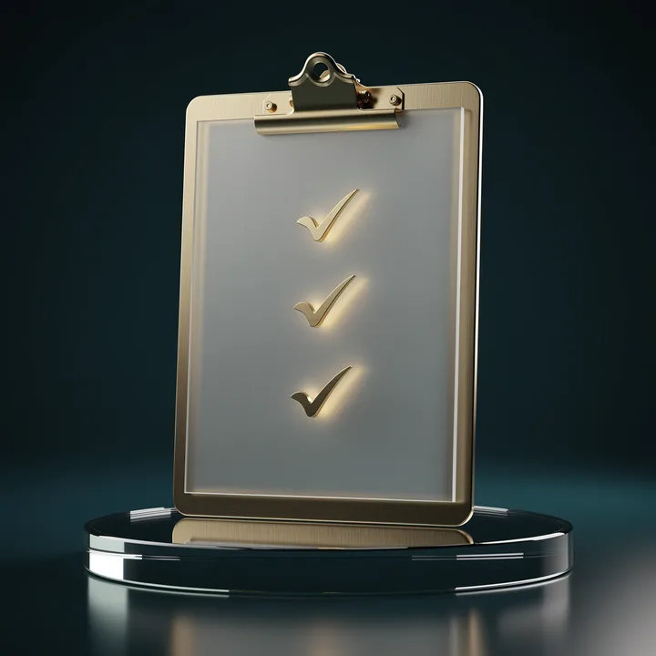 A brass clipboard with glowing check marks