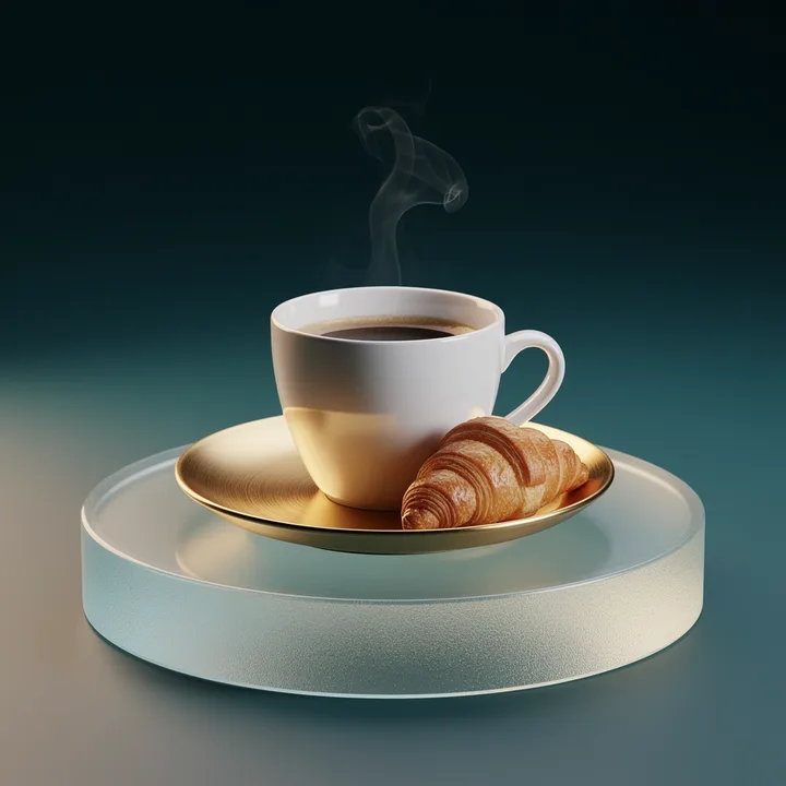 A coffee cup and croissant on a glass plinth: coffee and breakfast when you arrive