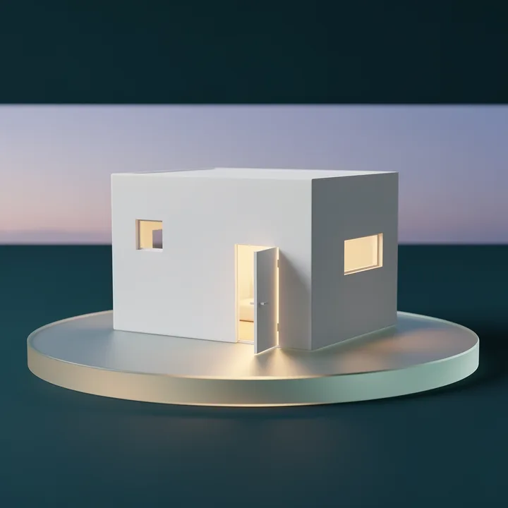 A model house with warm light in its open door: home at 3pm