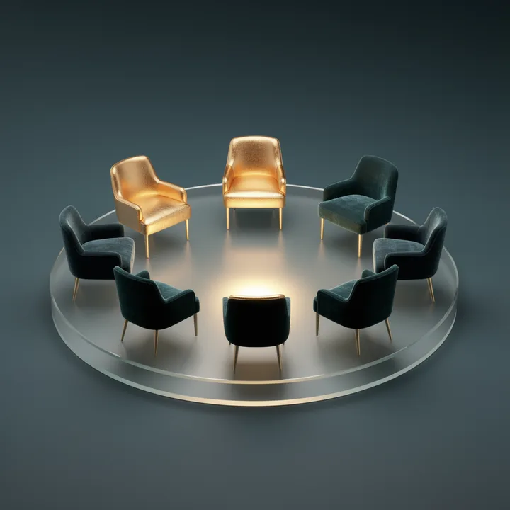 A circle of chairs with three glowing gold seats: a process group with up to three facilitators