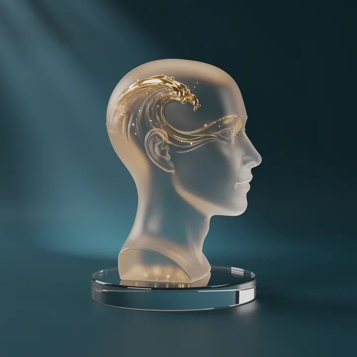 A glass head with a calm gold wave inside