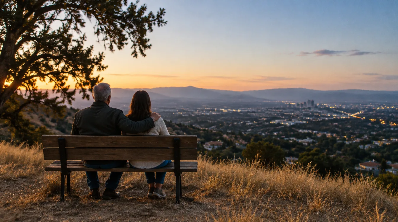 A father and his adult daughter on a bench above the San Fernando Valley at dusk, his hand on her shoulder