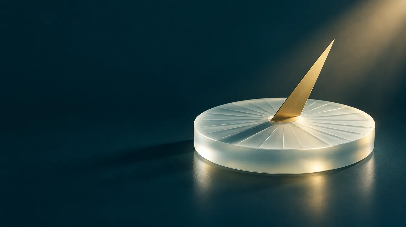 A frosted glass sundial with a gold pointer, a picture of the 9am-to-3pm day in a partial hospitalization program