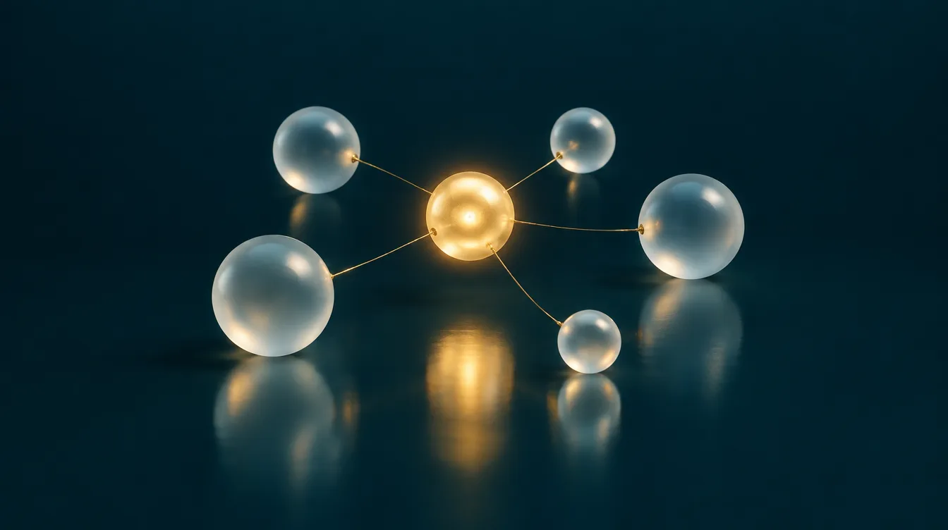 Glass spheres linked by gold threads to one glowing center, a picture of one care team around each person in PHP