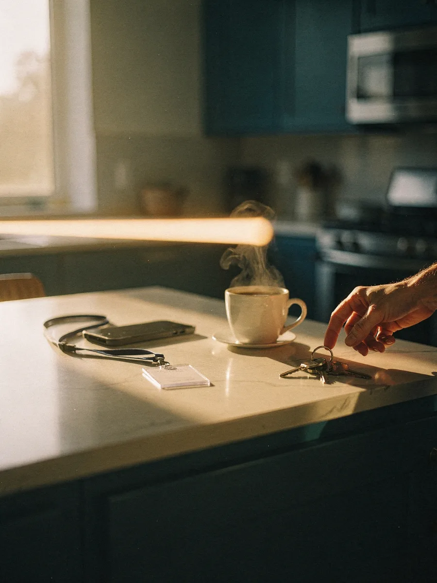 A work badge, a face-down phone and untouched coffee on a kitchen counter at dawn, before a day of outpatient treatment in Woodland Hills
